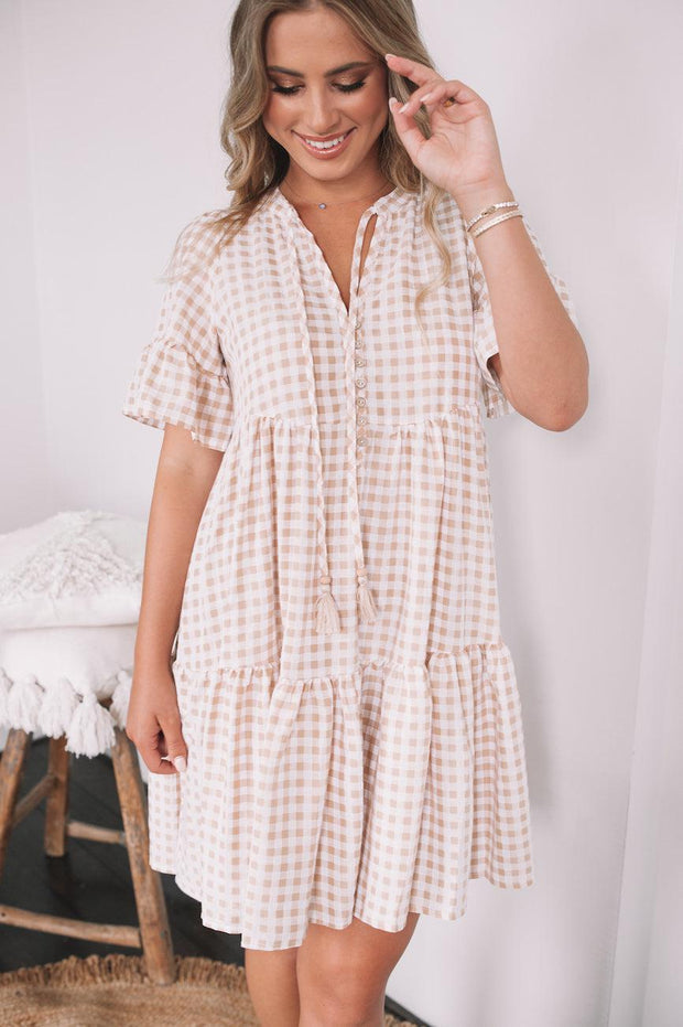 beige gingham dress