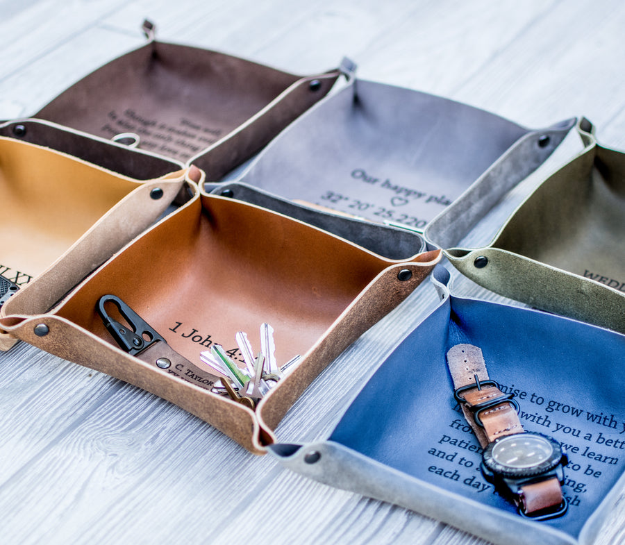 Personalized Leather Valet Tray Catchall Tray Engraved Iron