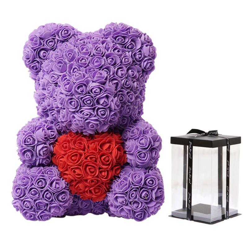 purple rose bear with box