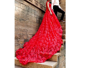 G226,(3) Red Luxury Feather Pattern Off-Shoulder Prewedding Extra Long Trail Gown, Size, (XS-30 to XL-40)