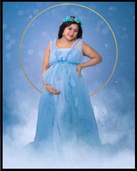 G966, Blue Ruffled Maternity Shoot  Gown, Size (XS-30 to 4XL-48)