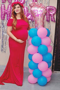 G42 (4),  Long Off Shoulder Wine Maternity shoot Baby Shower Lycra Body Fit Gown, Size (XS-30 to XXL-42)
