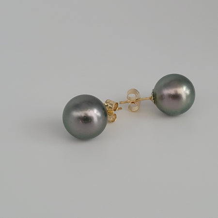 Tahitian Pearl Earrings 9 mm Round 18 Karat Gold with Certificate