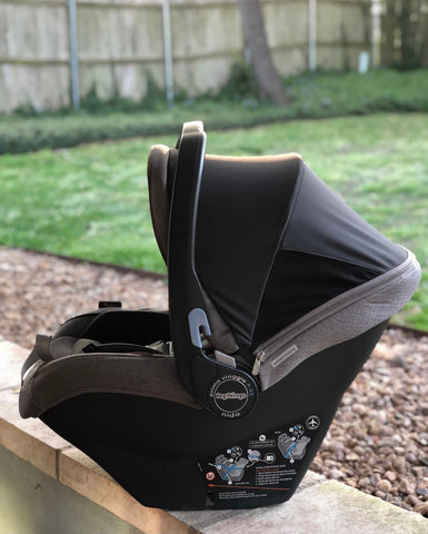 empty Peg Perego infant car seat sitting in a backyard