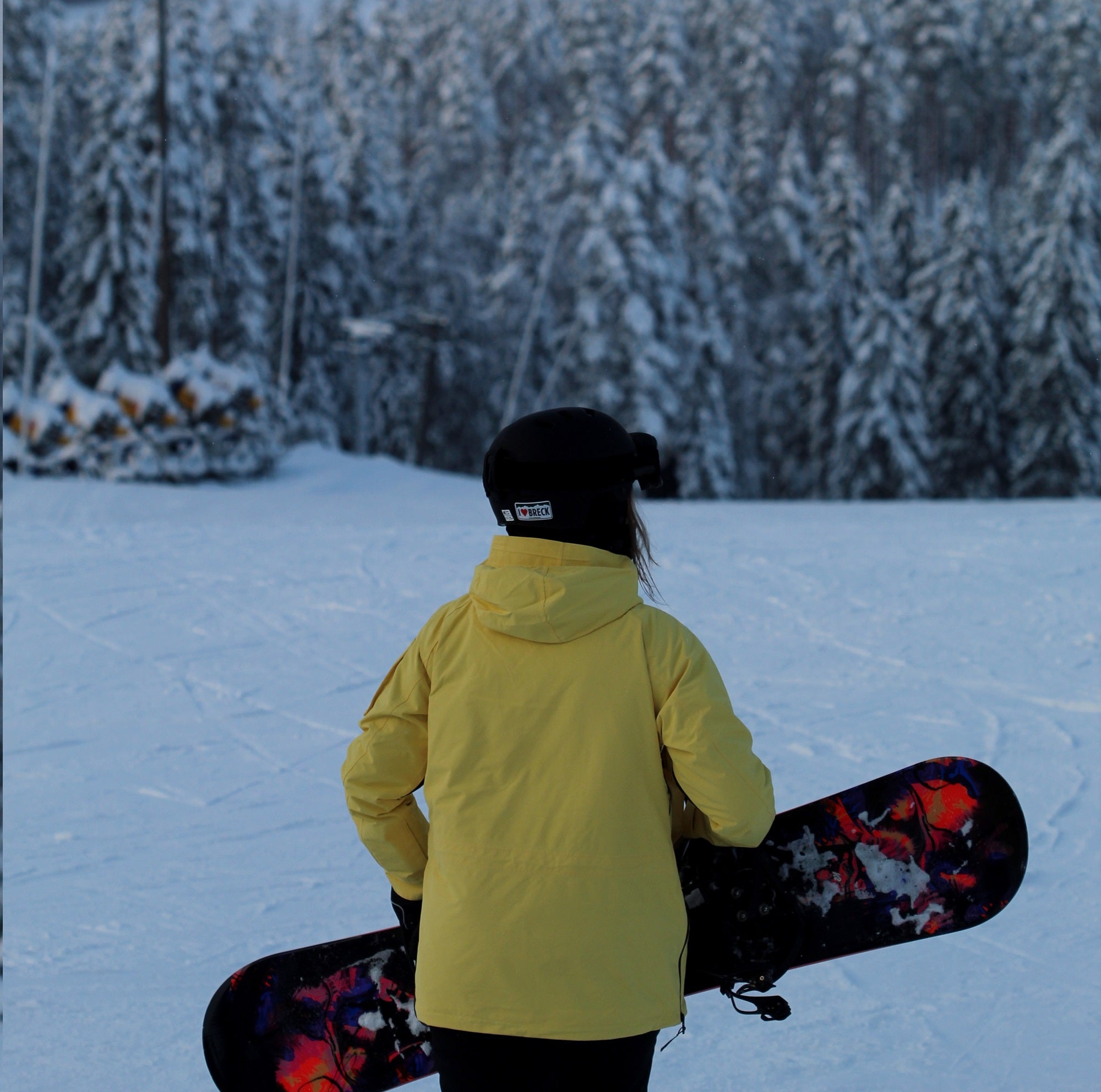 Woman in the mountains holding a snowboard and wearing a synthetic waterproof jacket for sports