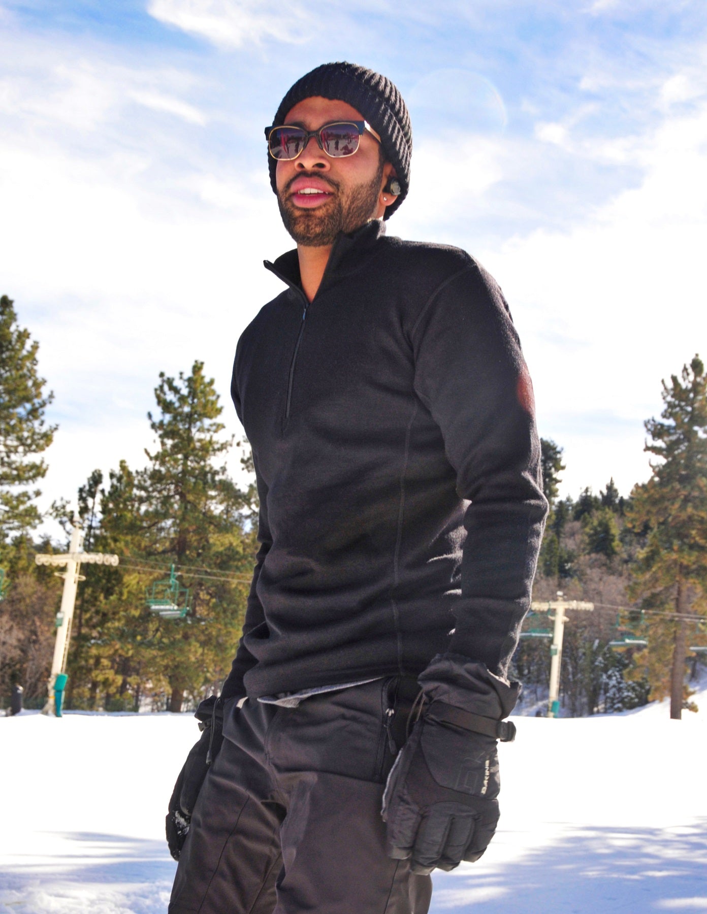 Man ready to go skiing wearing Arms of Andes alpaca wool base layer