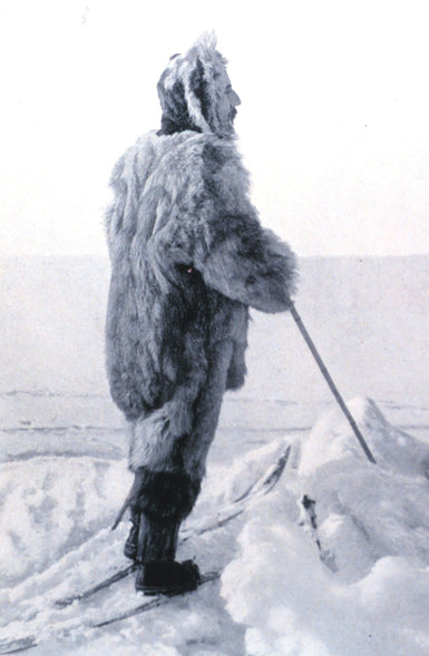 Roald Amundsen on an expedition to Antarctica in 1911, wearing all natural outdoor clothing