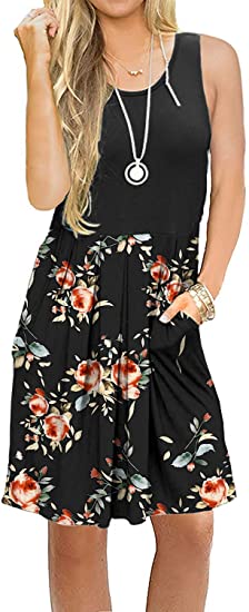 Women's Sleeveless Pleated Loose Swing Casual Dress with Pockets Knee Length