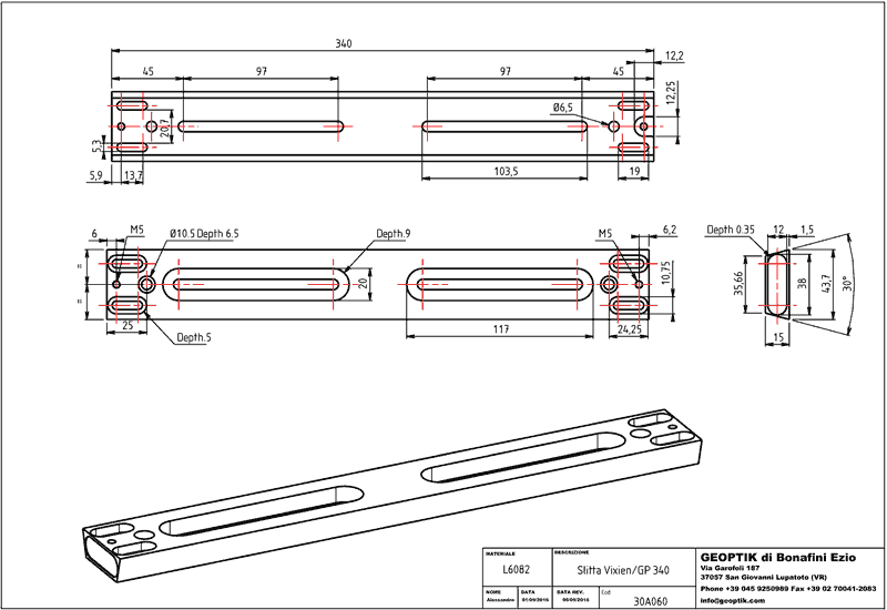 Geoptik Vixen dovetail bar 340mm schematic