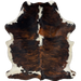 Colombian Tricolor Cowhide:  has a brown and black, brindle pattern, with white on part of the spine, on the belly, and on part of the shanks - 6'7" x 4'11" (COTR837)