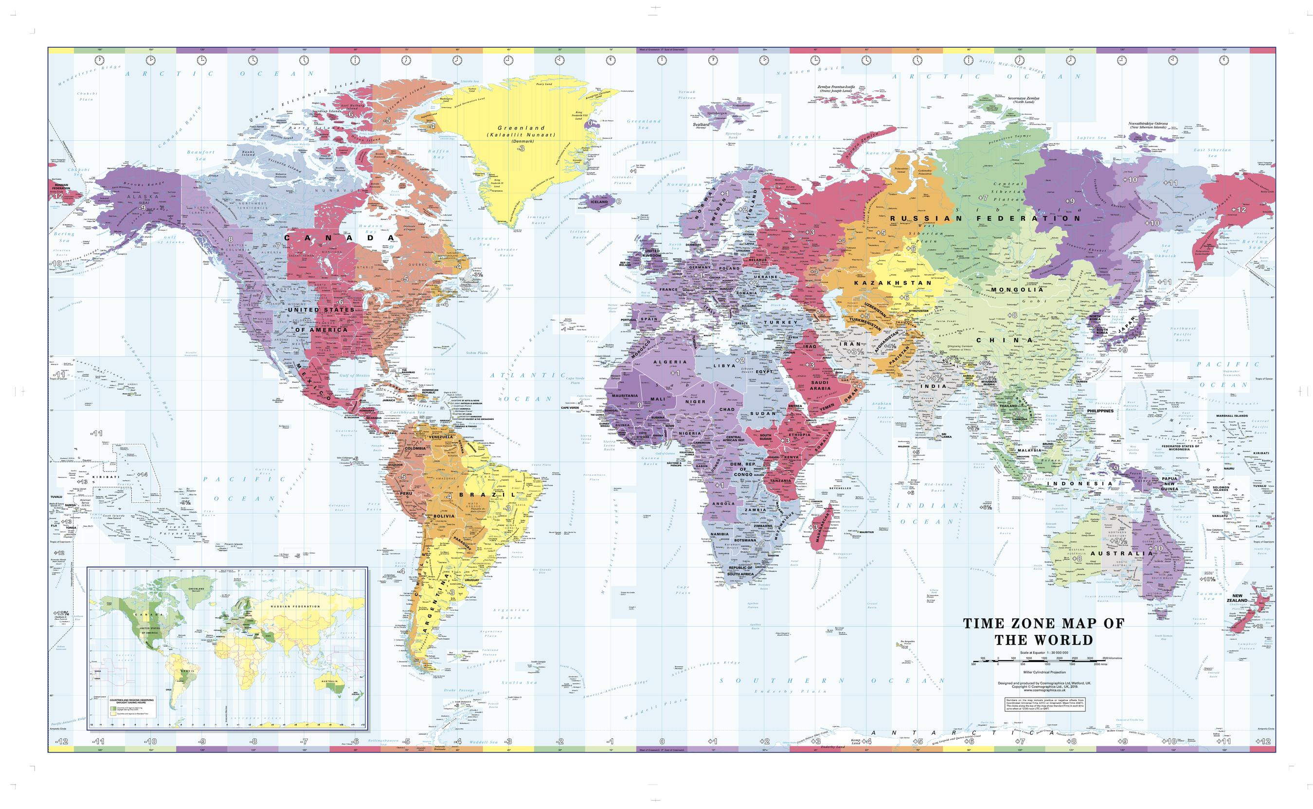 Colour Blind Friendly World Time Zone Large Wall Map 1365 x 797mm