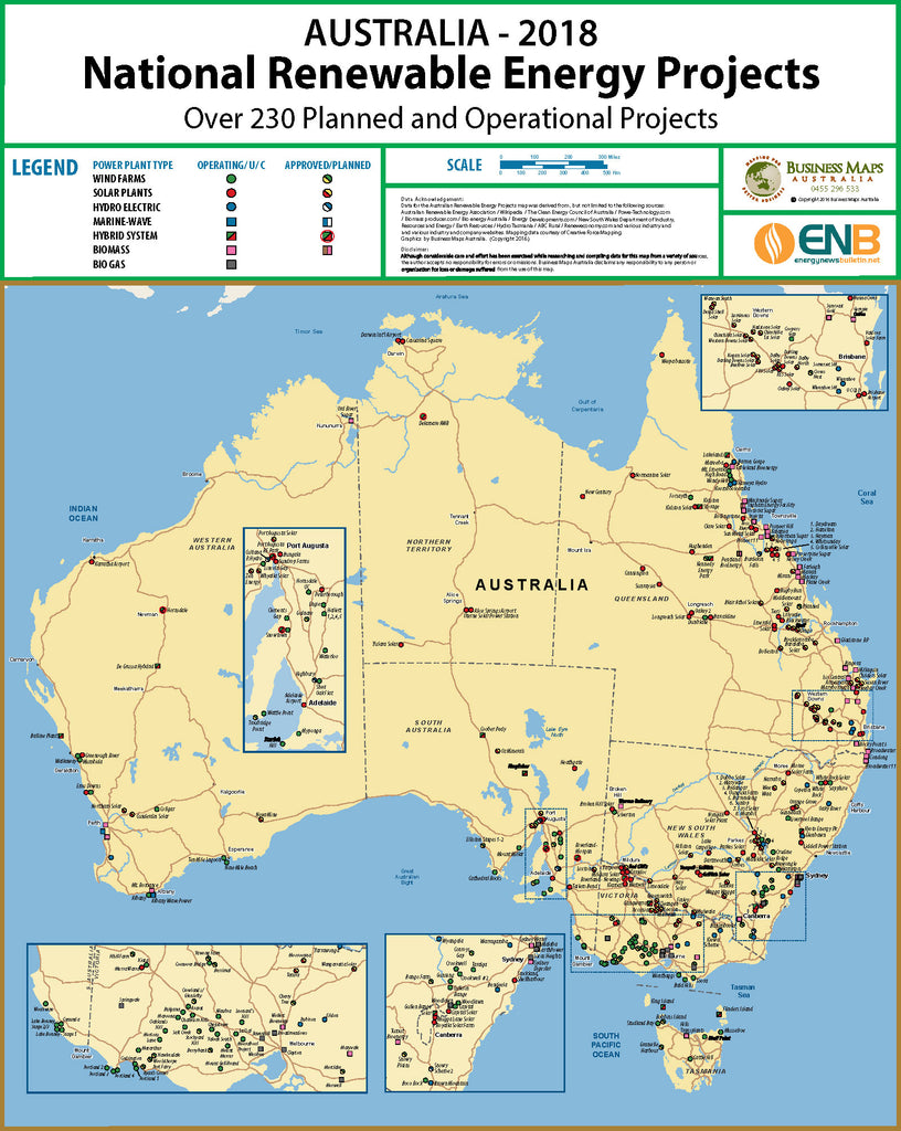 Australia Renewable Energy Projects Laminated Wall Map - Mapworld