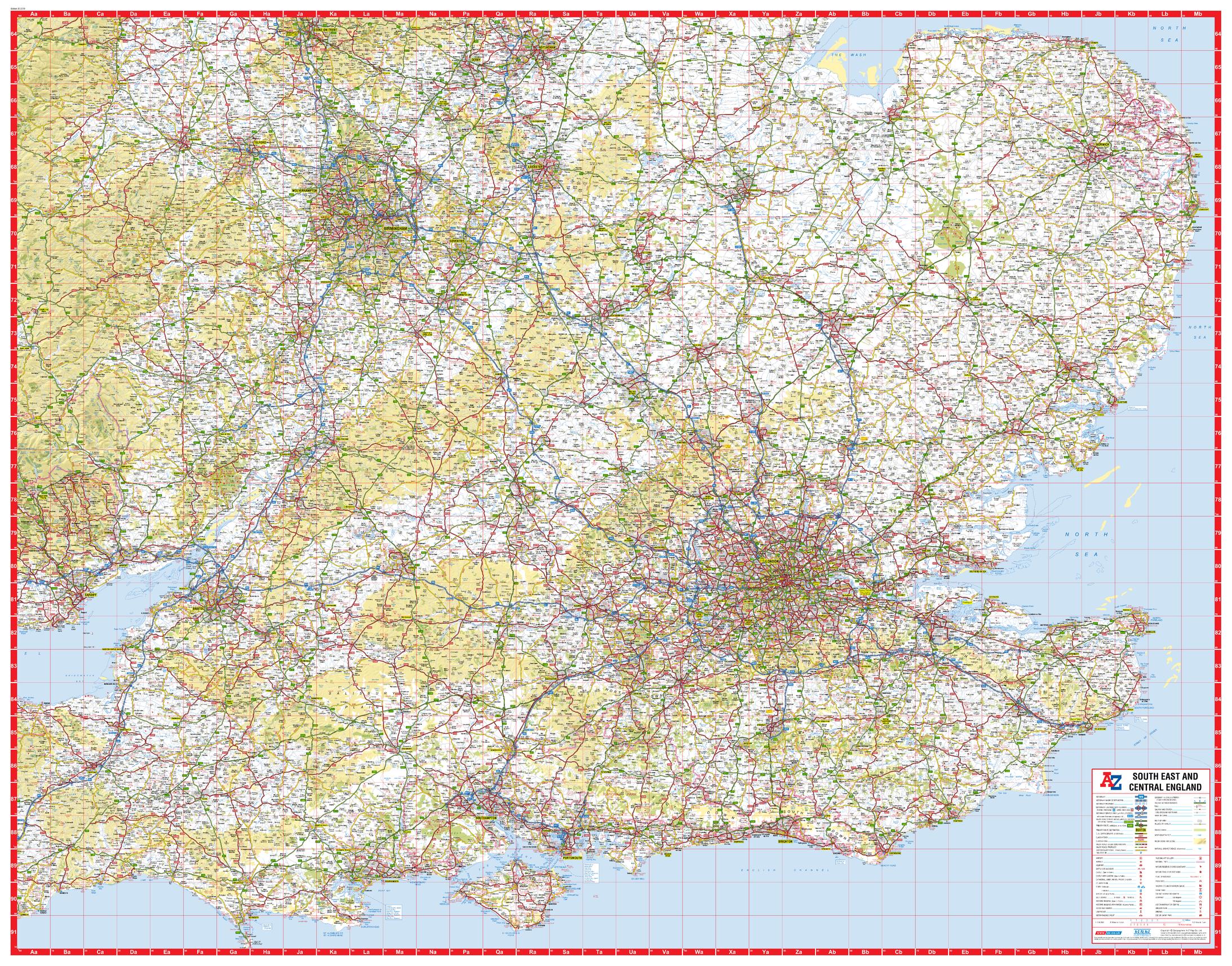 Wall Map Of East Anglia South East & Central England A-Z Wall Map | Shop Mapworld