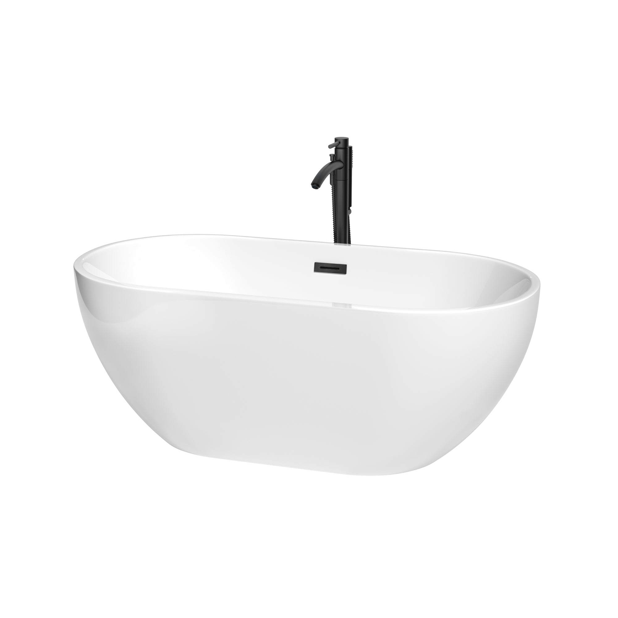 Wyndham Collection Brooklyn 60 Inch Freestanding Bathtub in White with Floor Mounted Faucet, Drain and Overflow Trim in Matte Black