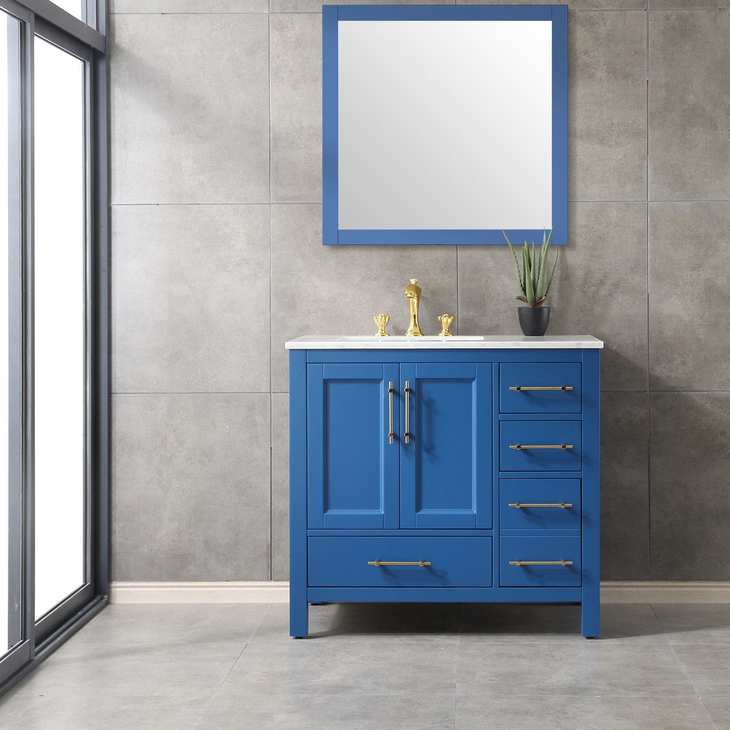 Eviva Navy 36 inch Deep Blue Bathroom Vanity with White Carrera Counter-top  and White Undermount Porcelain Sink | Luxe Bathroom Vanities