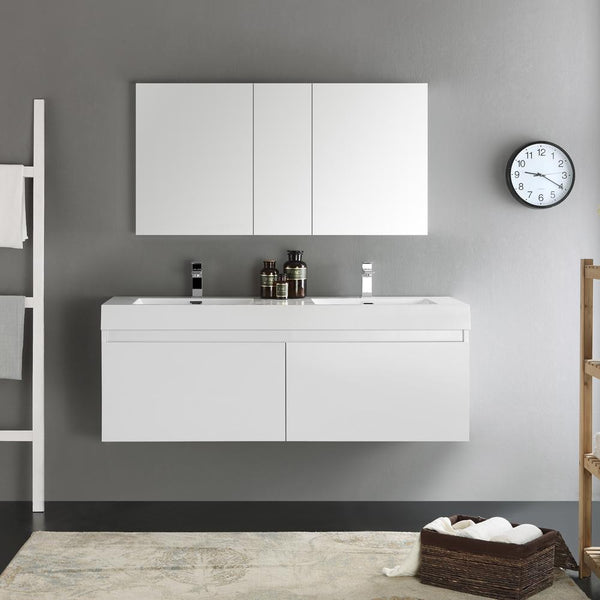 Fresca Mezzo 60 White Wall Hung Double Sink Modern Bathroom Vanity W Medicine Cabinet Luxe 3153