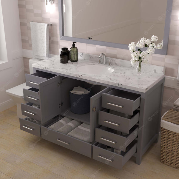 Virtu USA Caroline Avenue 60" Single Bath Vanity with White Quartz Top and Round Sink with Brushed Nickel Faucet with Matching Mirror - Luxe Bathroom Vanities