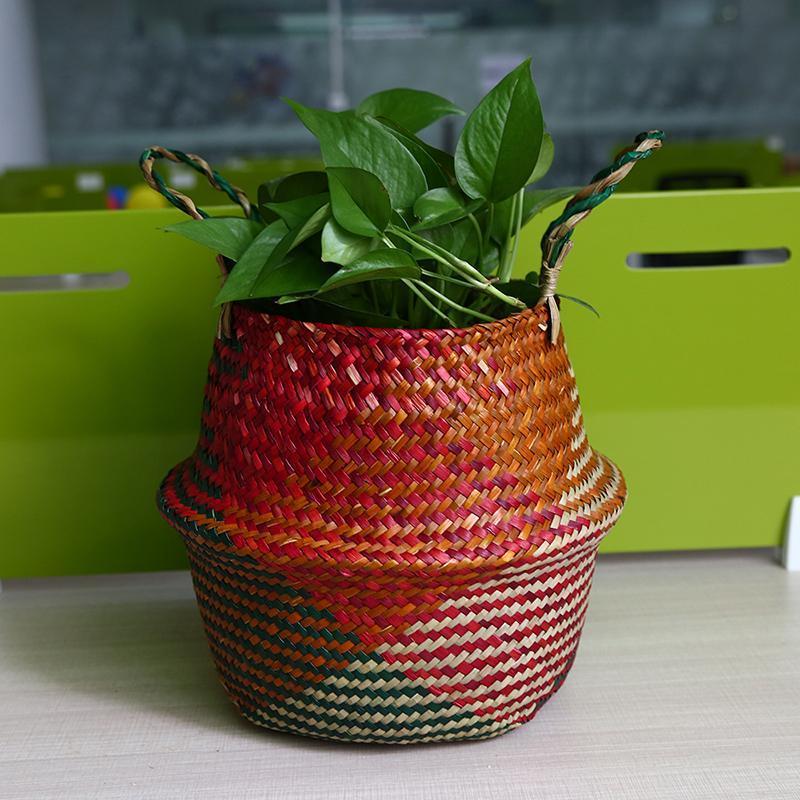 red woven storage baskets