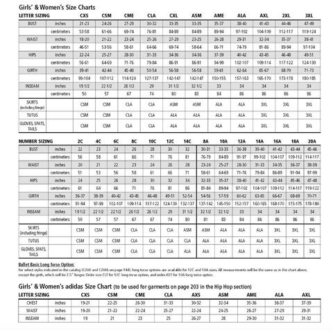 B Dance Wear - Sizing Chart