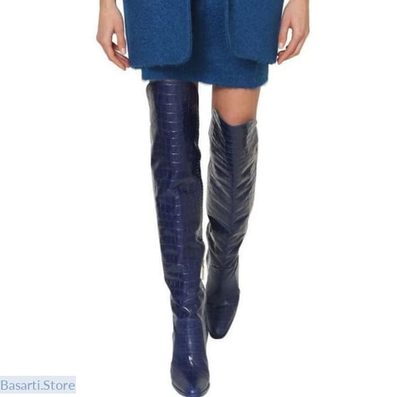 navy blue knee high leather boots