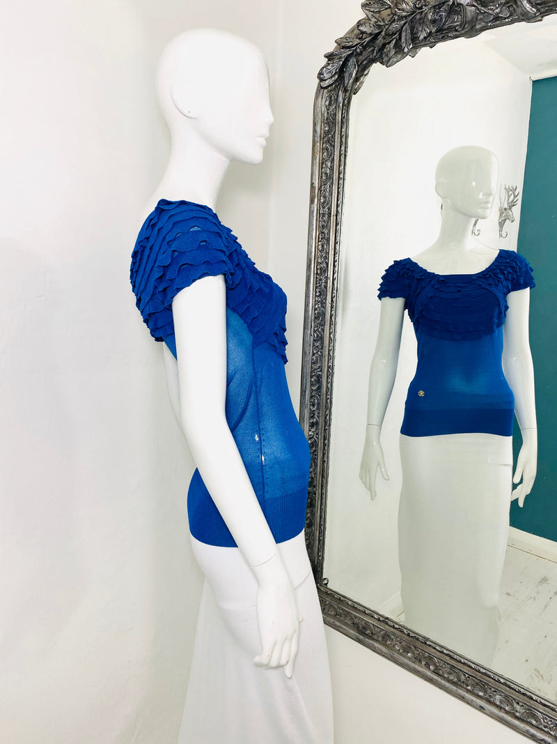 Roberto Cavalli Deep Blue Silk Top Size 38IT Size S Short Sleeves Ruffle Detailing Shush London St Johns Wood London Buy Sell Preloved Authentic luxury Designer Ladies Clothing