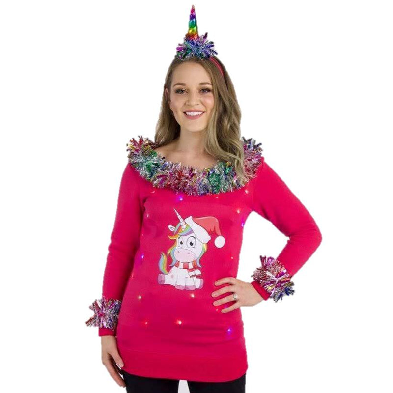 Unicorn Light Up Women’s Ugly Sweater WITH Horn Headband-The Ugly Holidays-The Ugly Holidays