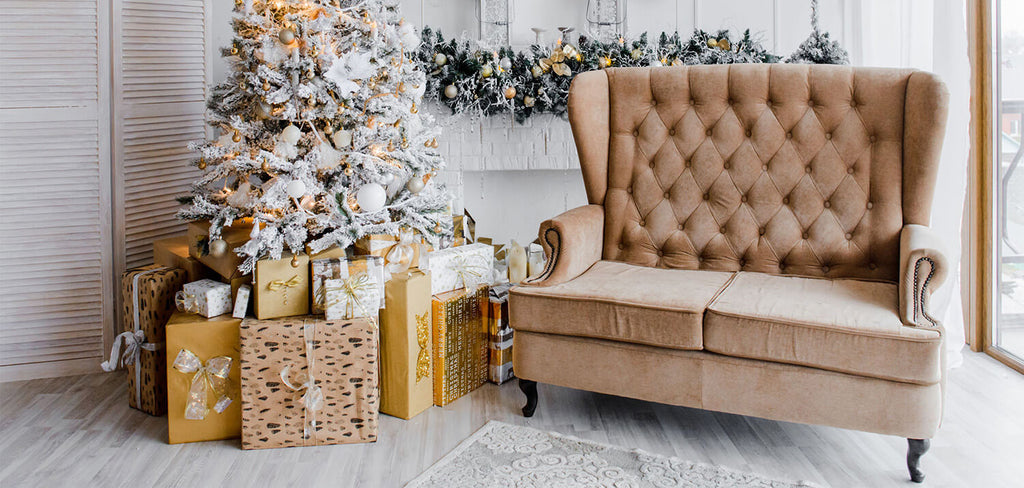 White christmas tree in golden furniture living room