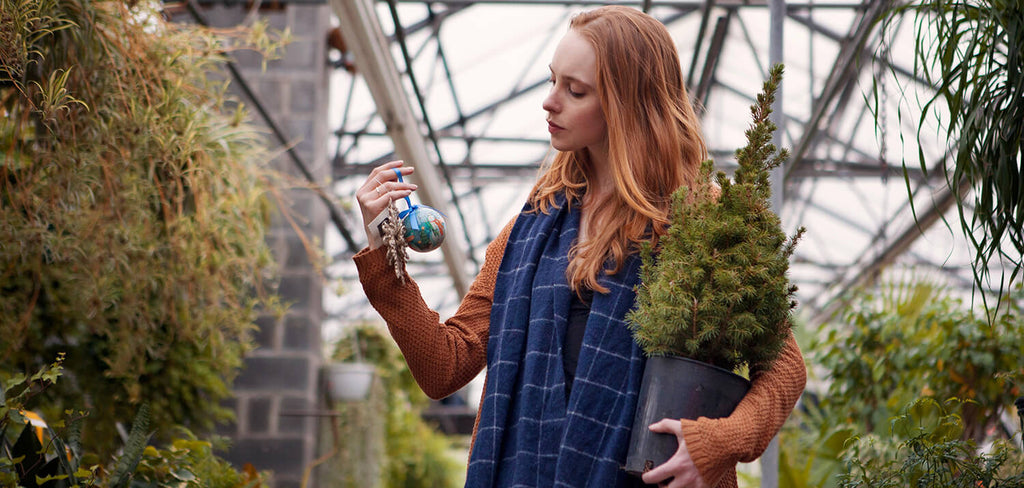 Woman buying a Pot Grown Christmas Tree