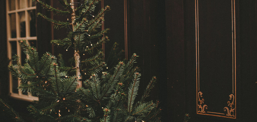 dark christmas decor with xmas tree