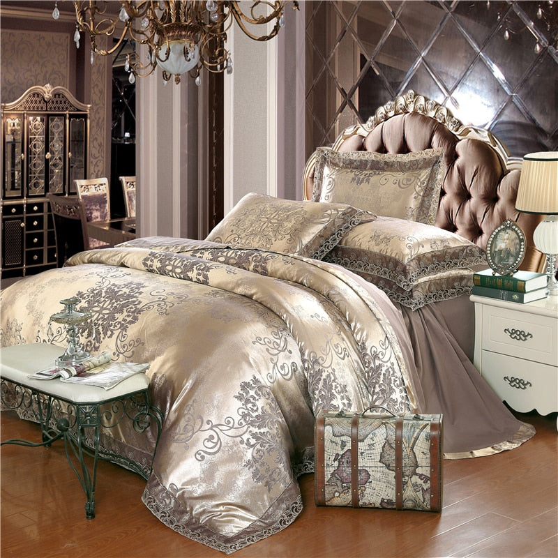 White Silver Coffee Jacquard Luxury Bedding Set Queen King Size