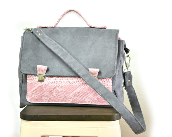 sac cartable femme preppy gris et rose suédine et simili-cuir dragon