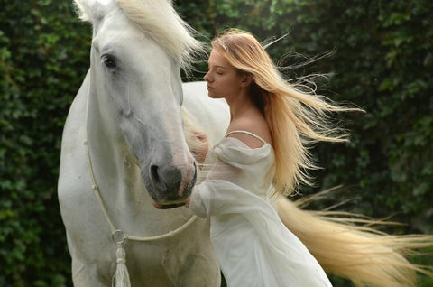 cheval blanc et fille en rose blanche 