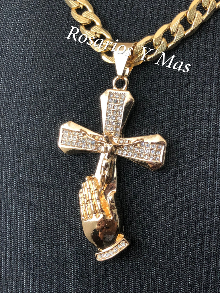 Cross Praying Hands Pendant with Necklace (24K Gold Filled) – Rosarios ...