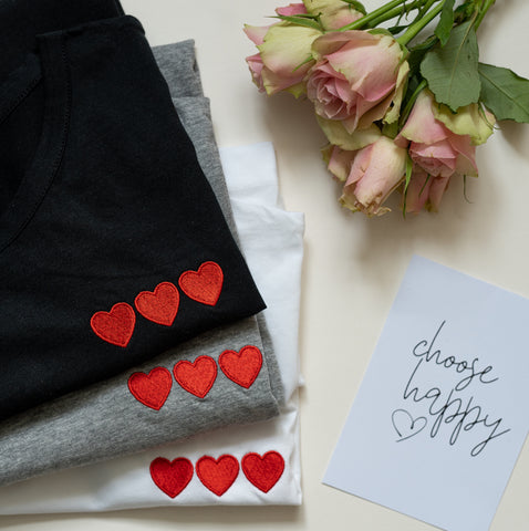 Triple Heart embroidery tee in black white or grey