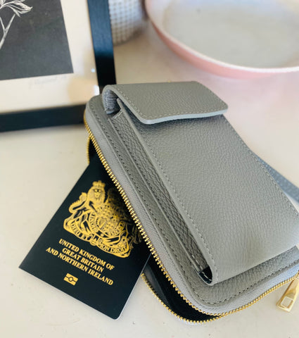 Grey phone purse with passport