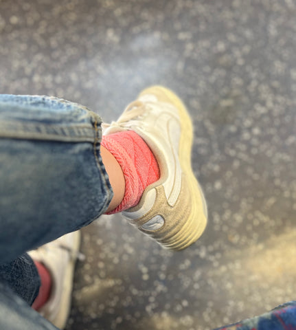 Pink Paris Chevron Socks with jeans and trainers