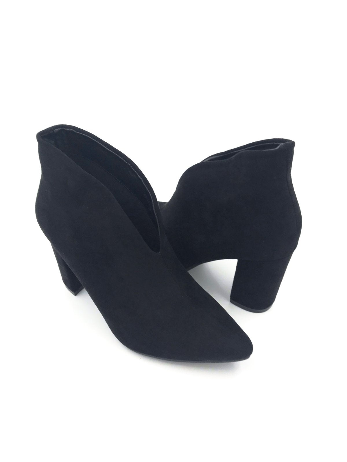 Black Suede V Front Block Heel Ankle 