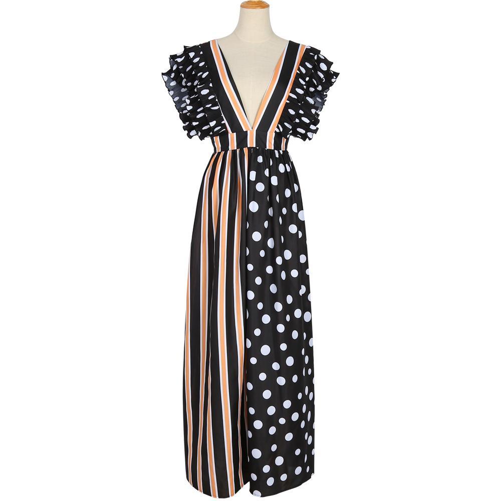 Deep V-Neck Short sleeve Printed Striped Polka-Dot Maxi Dresses