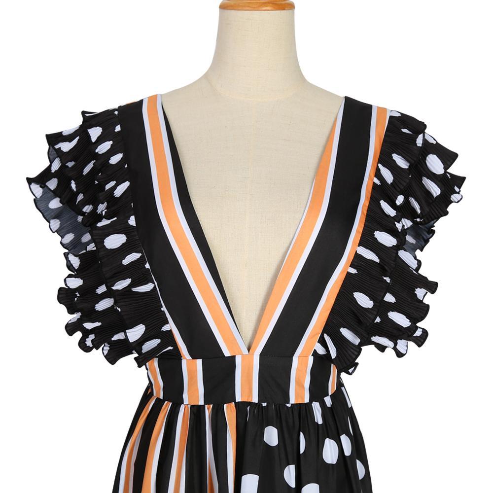 Deep V-Neck Short sleeve Printed Striped Polka-Dot Maxi Dresses