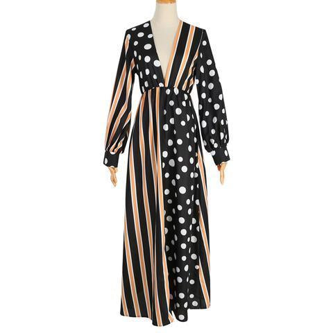 Printed Striped long sleeves Polka Dot Fashion Maxi  Dress