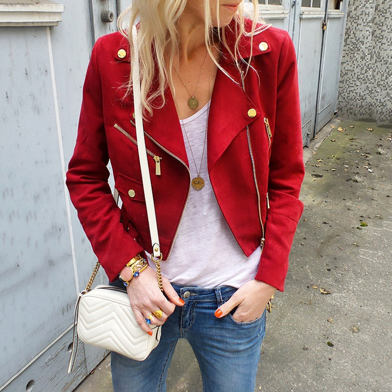 Women's Fashion Decorative Button Metal Zipper Short Jacket