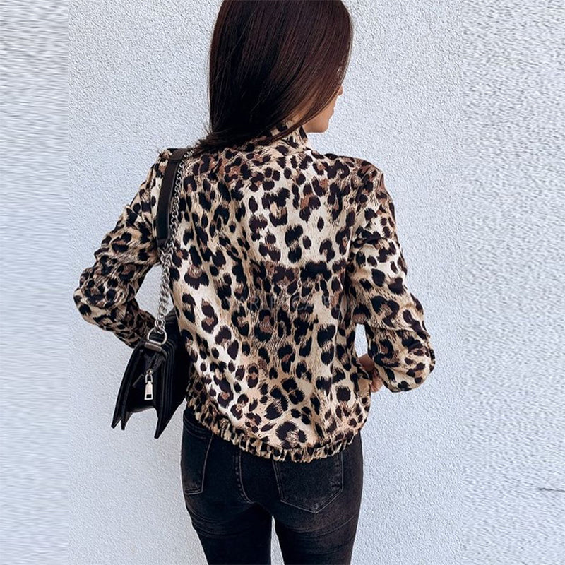 Fashion Leopard Print Fold Over Collar Long Sleeve Jacket
