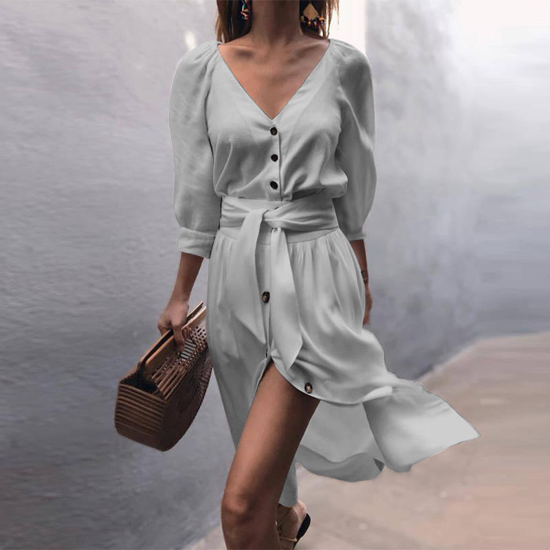 Casual V Neck Long Sleeve Pure Colour Belted Dress
