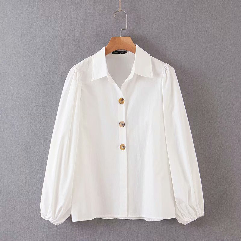 Vintage Puff Sleeve Single-Breasted Solid Color Shirt