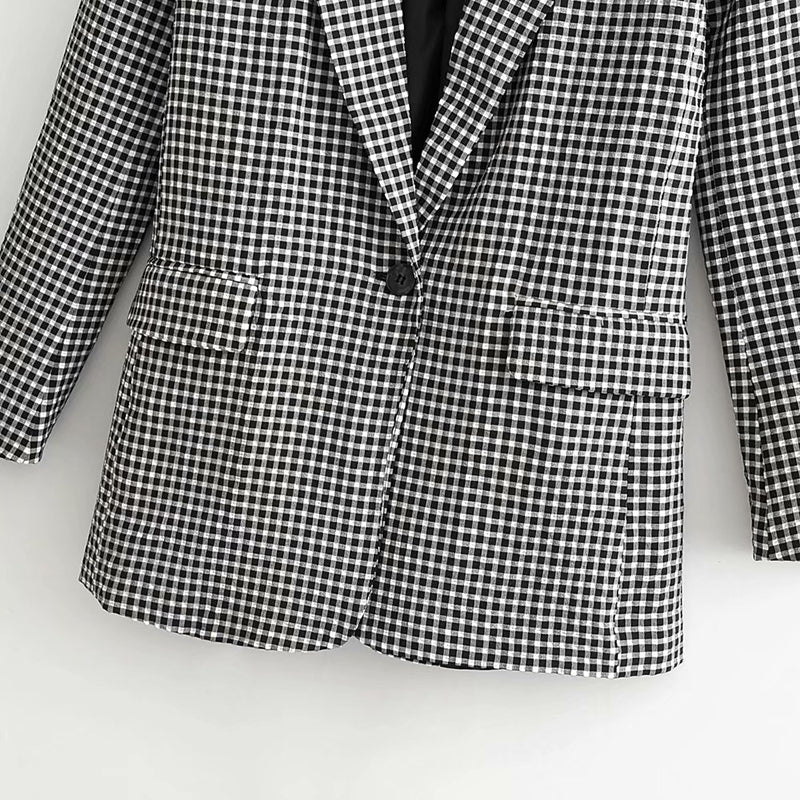 Women's Vintage Check Long Sleeve Tailored Collar Blazer
