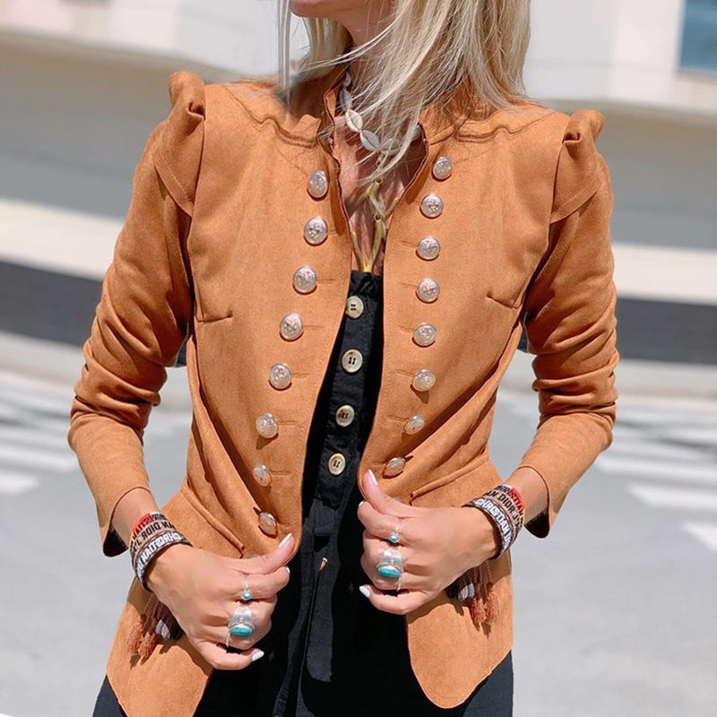 Vintage solid color double-breasted stitching long-sleeved Jacket