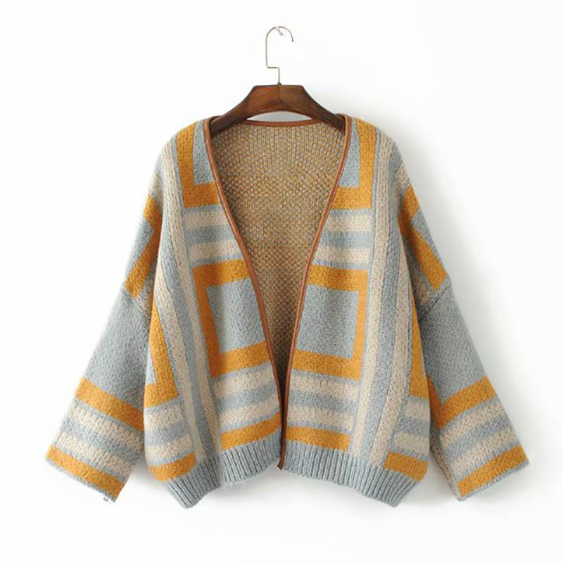 Casual Women Contrast Checkered Sweater Cardigan