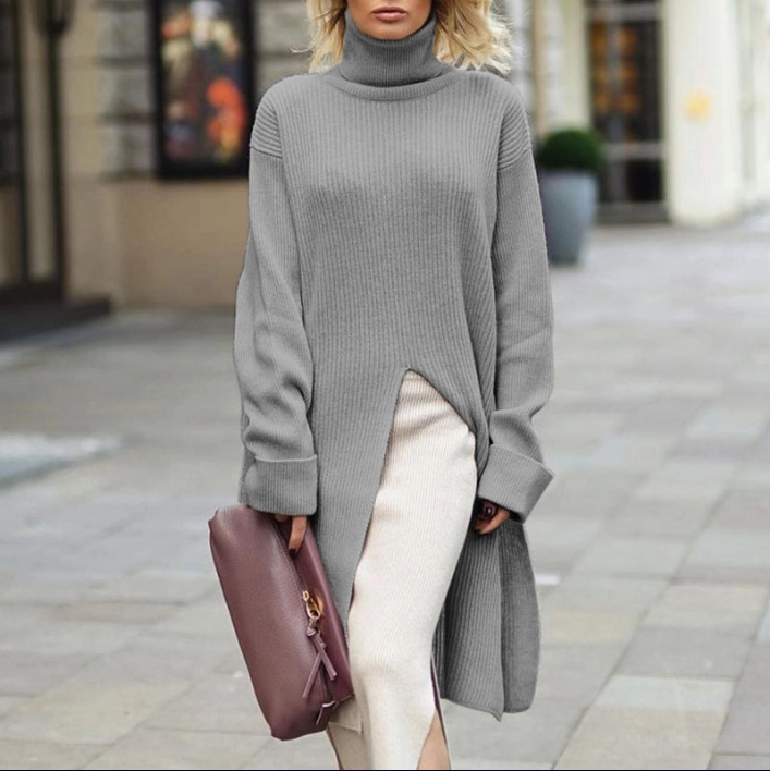 Casual Solid Color High Collar Long Sleeve Split Long Sweater