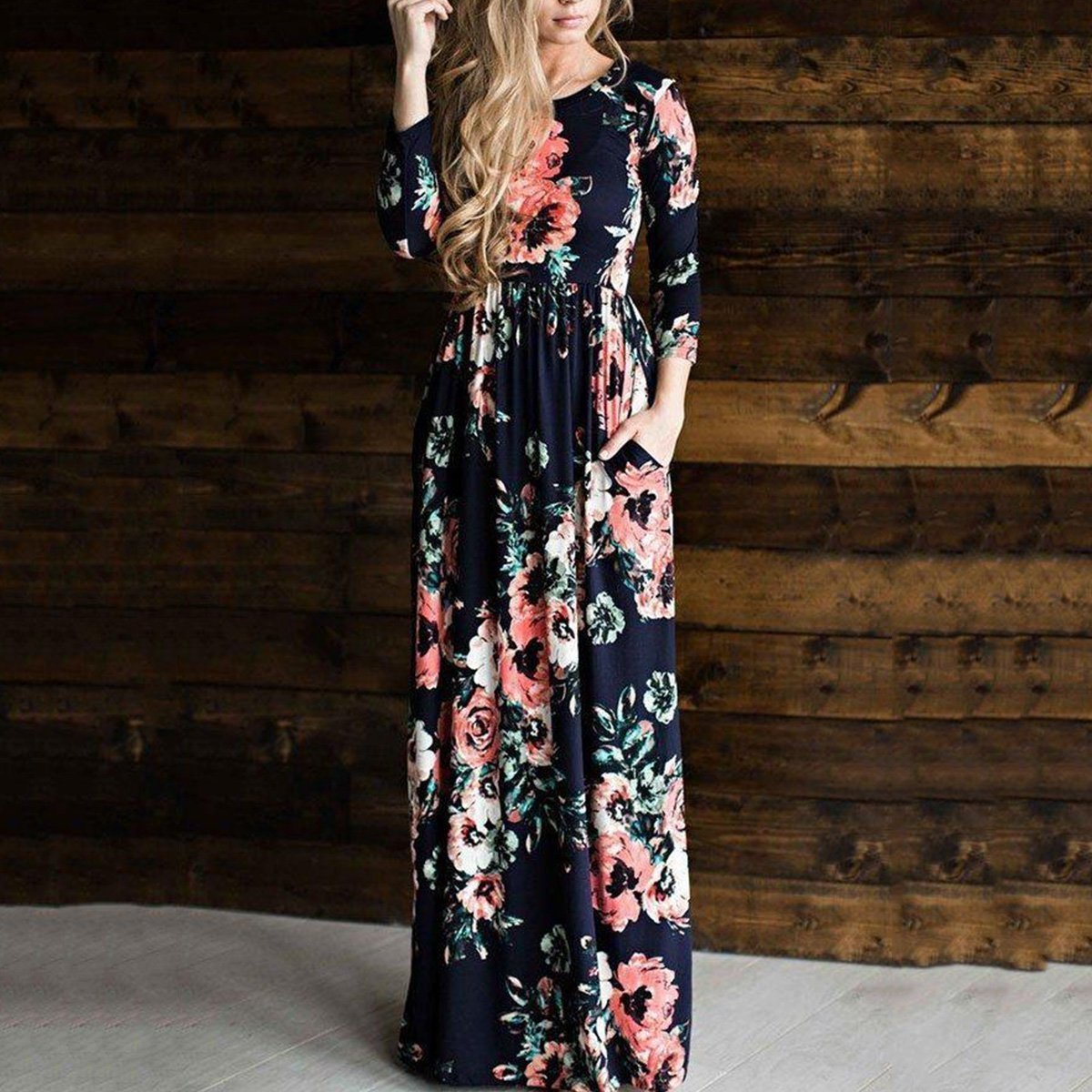 Round Neck Floral Long Sleeve Maxi Dresses