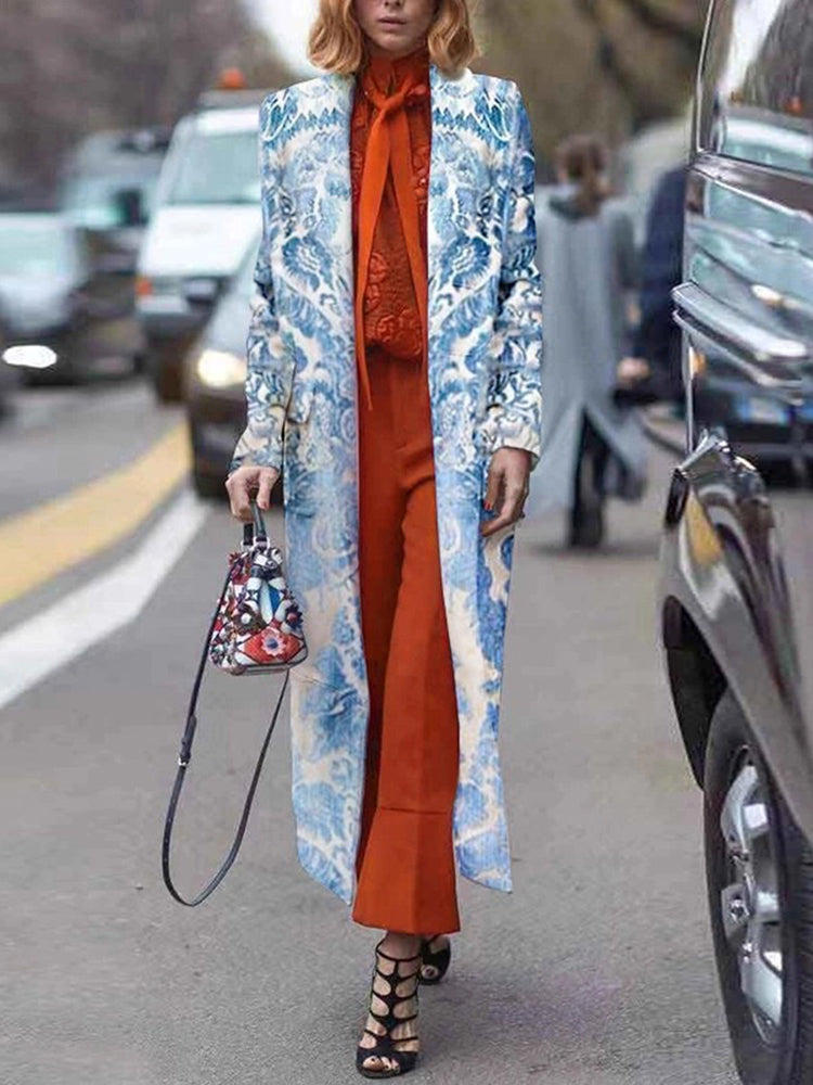 Women's Fashion Printed Color Long Sleeve Loose Overcoat